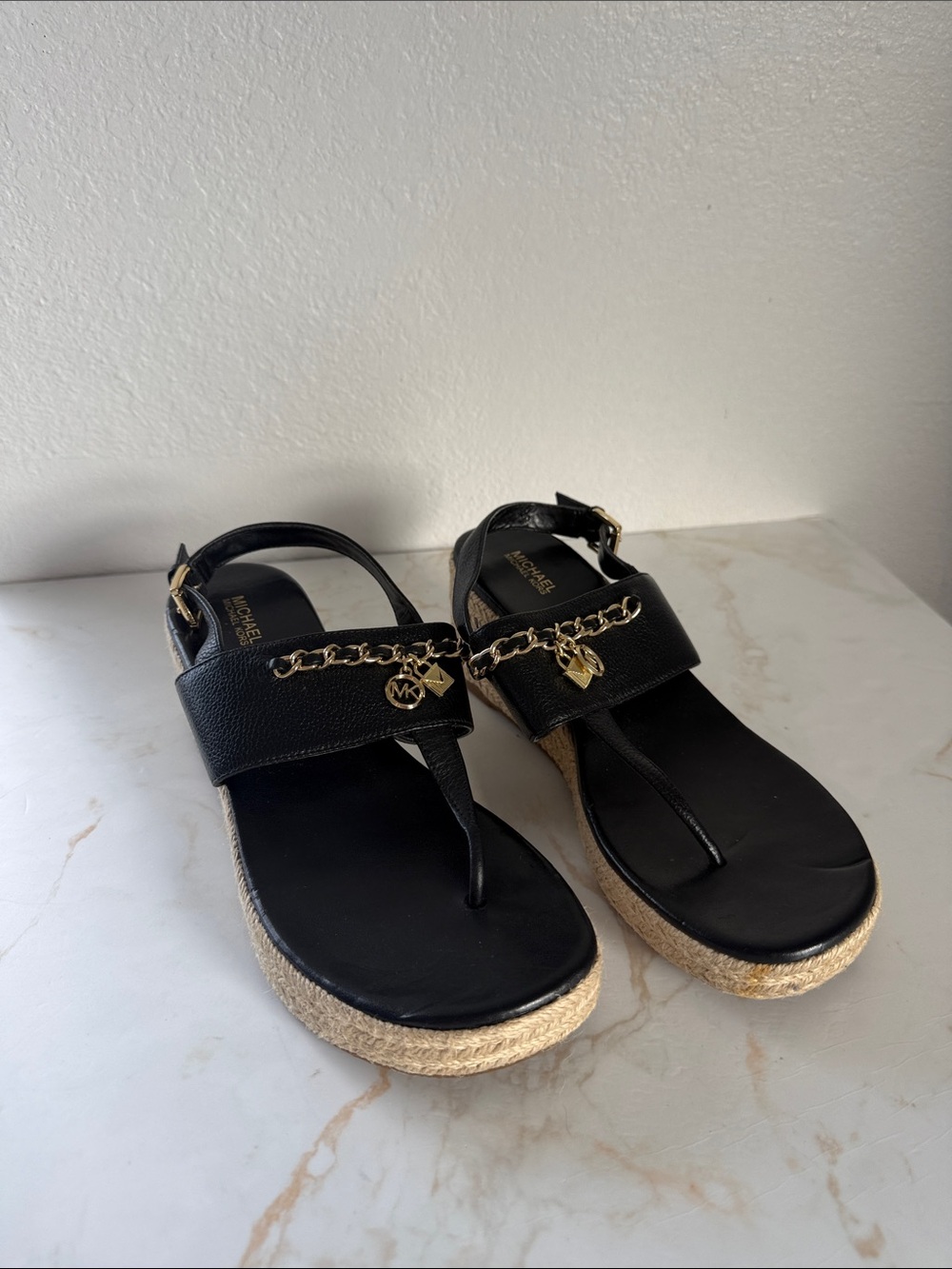 Michael Kors Black Leather Espadrille Thong Sandals with Gold Chain